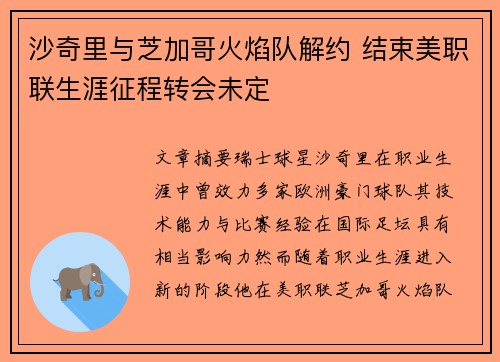 沙奇里与芝加哥火焰队解约 结束美职联生涯征程转会未定