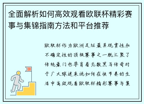 全面解析如何高效观看欧联杯精彩赛事与集锦指南方法和平台推荐