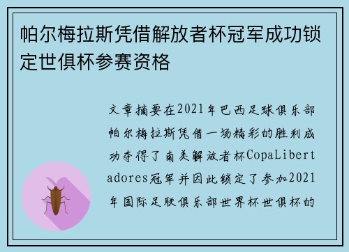 帕尔梅拉斯凭借解放者杯冠军成功锁定世俱杯参赛资格